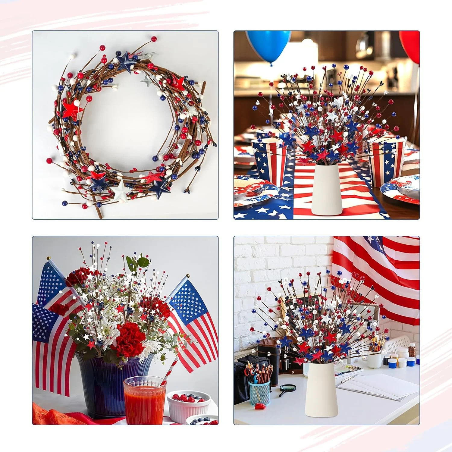 Childom 6 Pcs Red White and Blue Flowers Artificial for 4th of July Decorations,