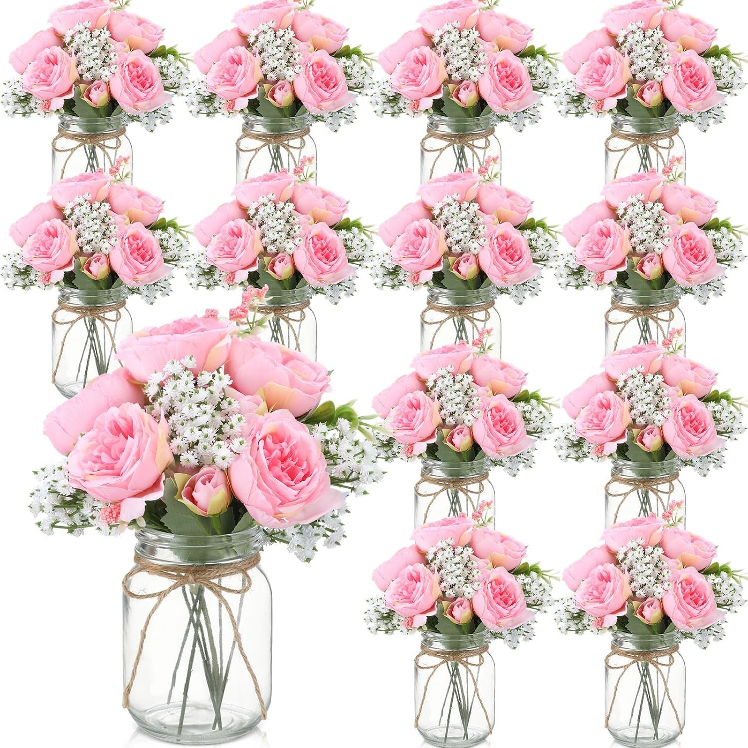 12 Sets Mason Jar Centerpiece Table Decorations Artificial Peony Baby’s Breath