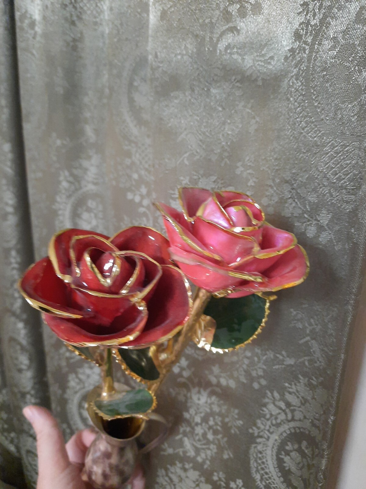 Lot Set 2 Gilded Metallic Roses Dipped In Ikora Mid-Century Vase Retro Decor