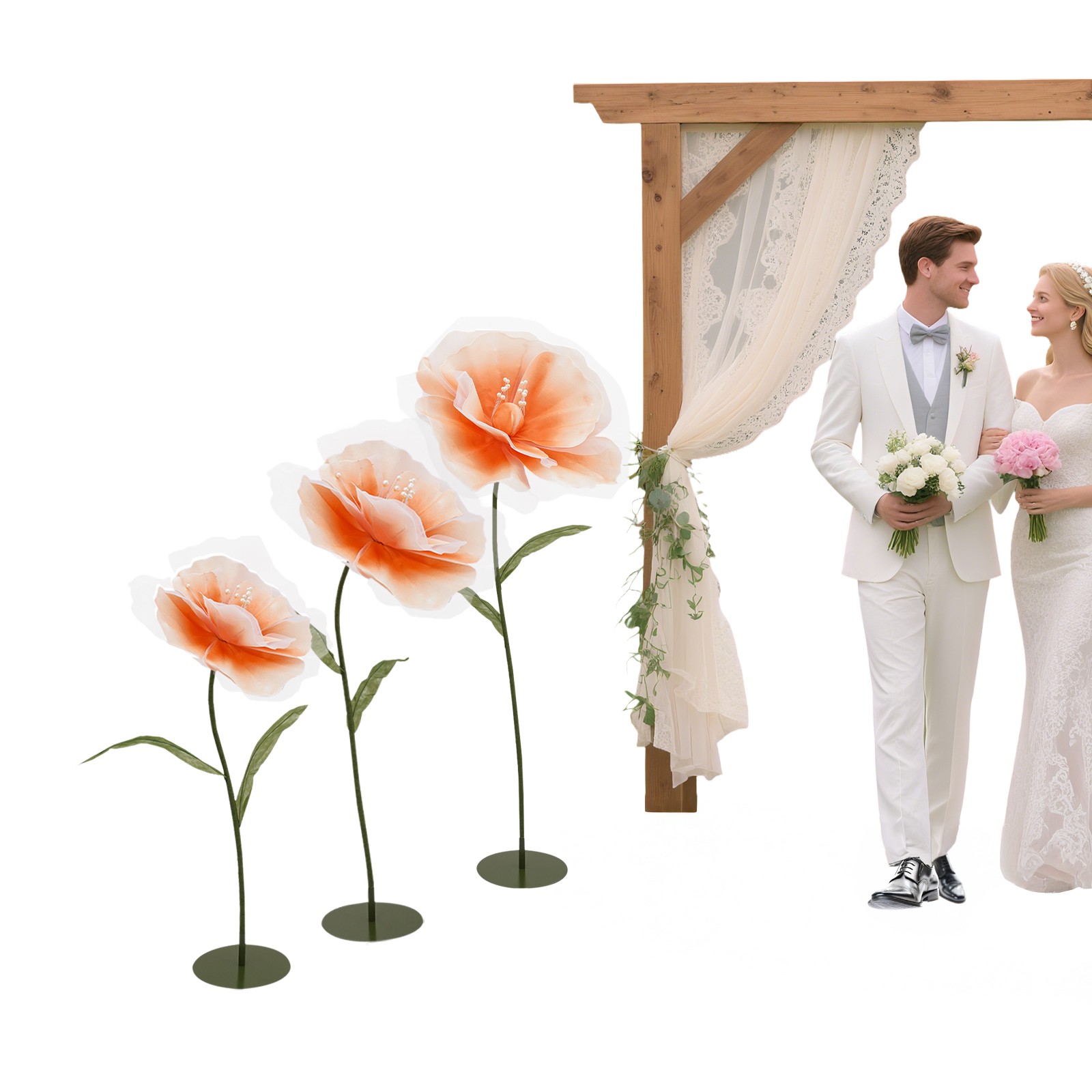 3pcs Artificial Flowers Adjustable Wedding Flowers Background Decor Light Orange