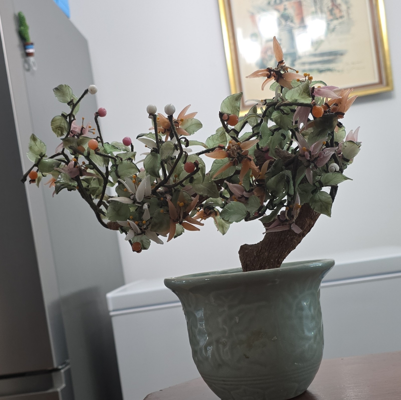 Artificial Bonsai Tree Floral Arrangement, Green Ceramic Pot, Pink/White Berries
