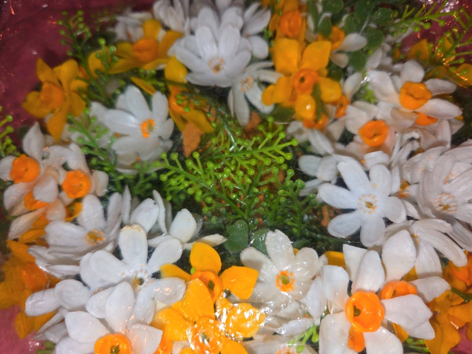 Artificial Floral Candle Ring With White & Yellow Flowers Green Leaves 4-Inch Di