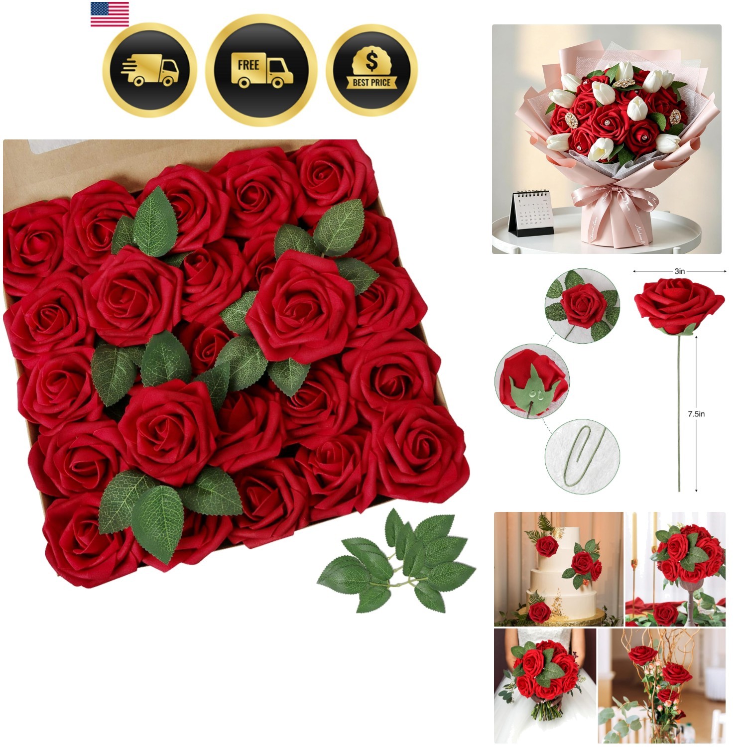 Artificial Flowers Dark Red Rose 25pcs Real Looking Fake Roses w/Stem for DIY…
