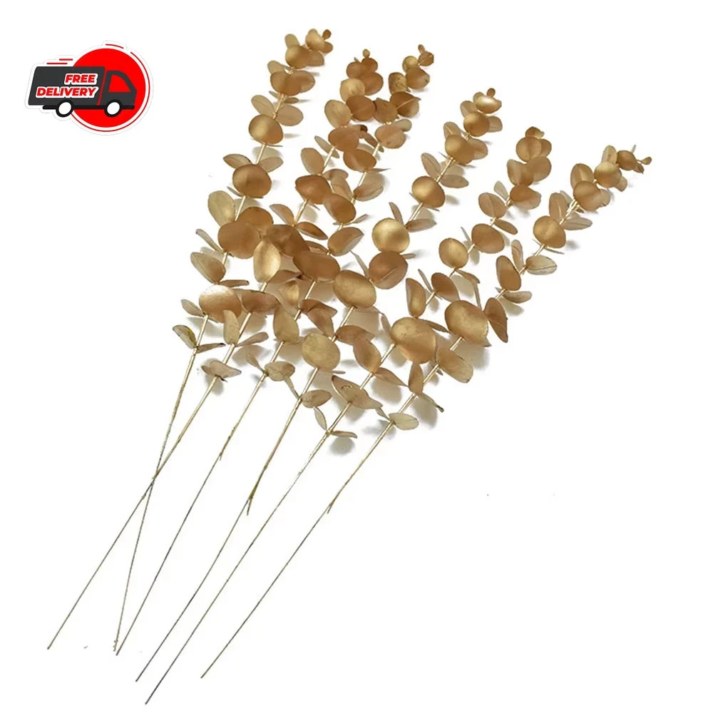 5PCS Gold Artificial Eucalyptus Eucalyptus Branch Stems Wedding Home Greenery De