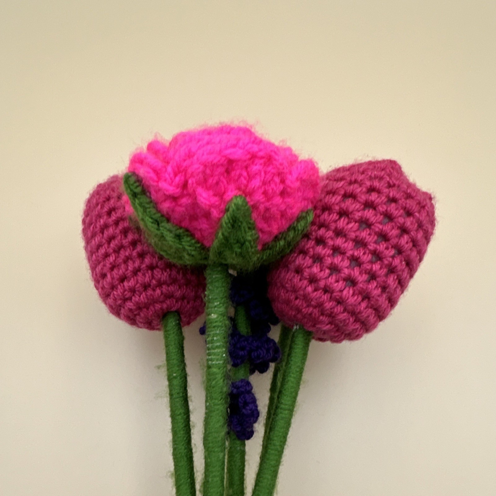 Handmade Yarn Crochet Flower Bouquet Pink Purple Green Rose Lavender Tulip