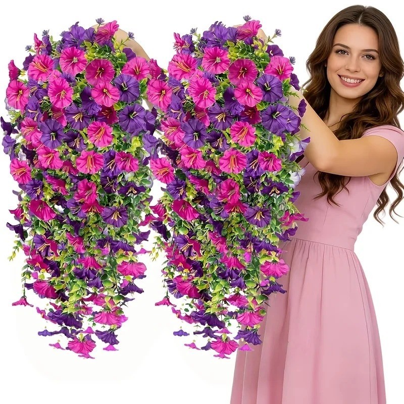 2PCS Artificial Morning Glory Vines UV Resistant Hanging Flowers Outdoor Decor