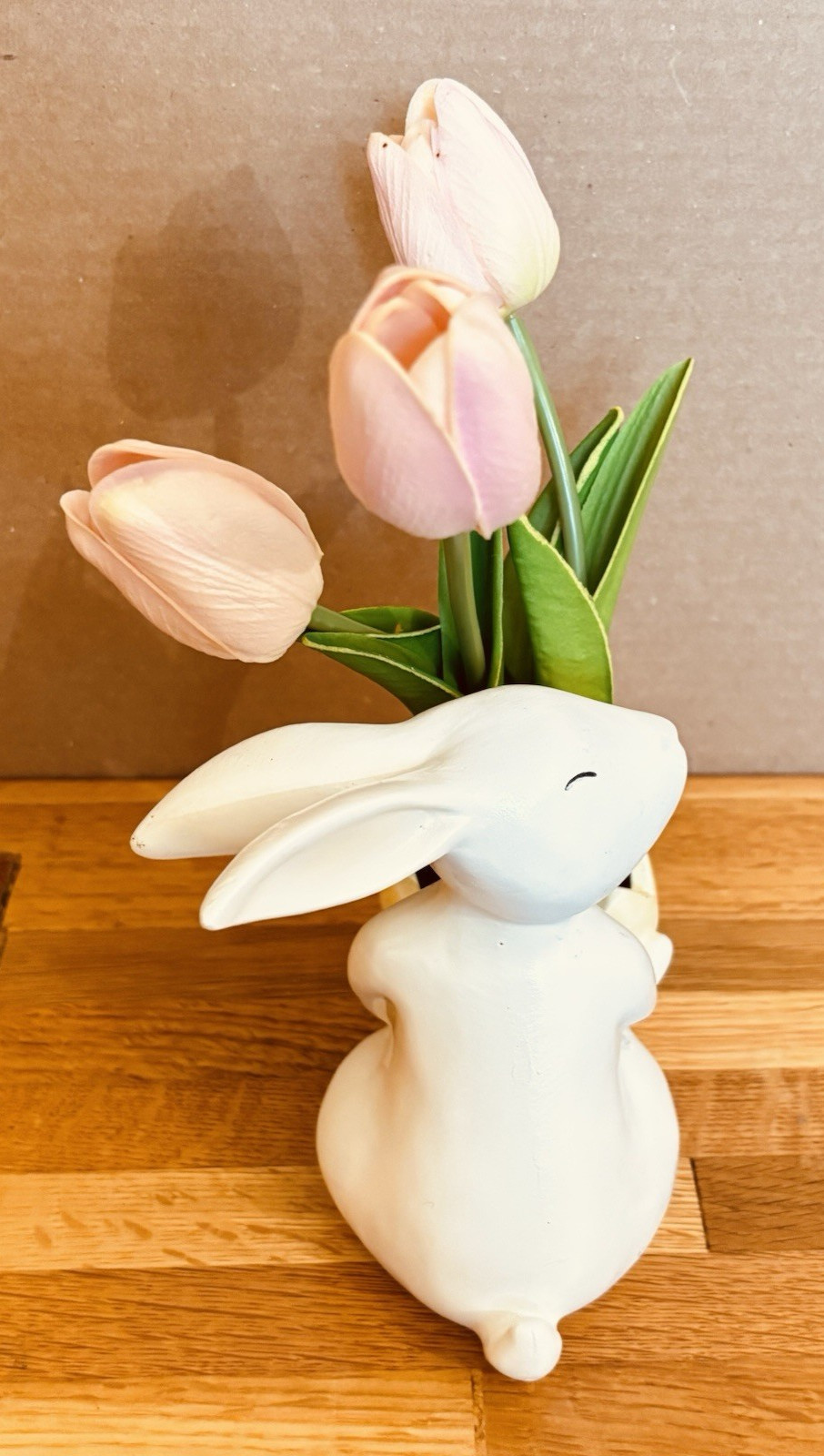 Easter Bunny Ceramic Planter Pink Tulips Spring Decor Table Centerpiece