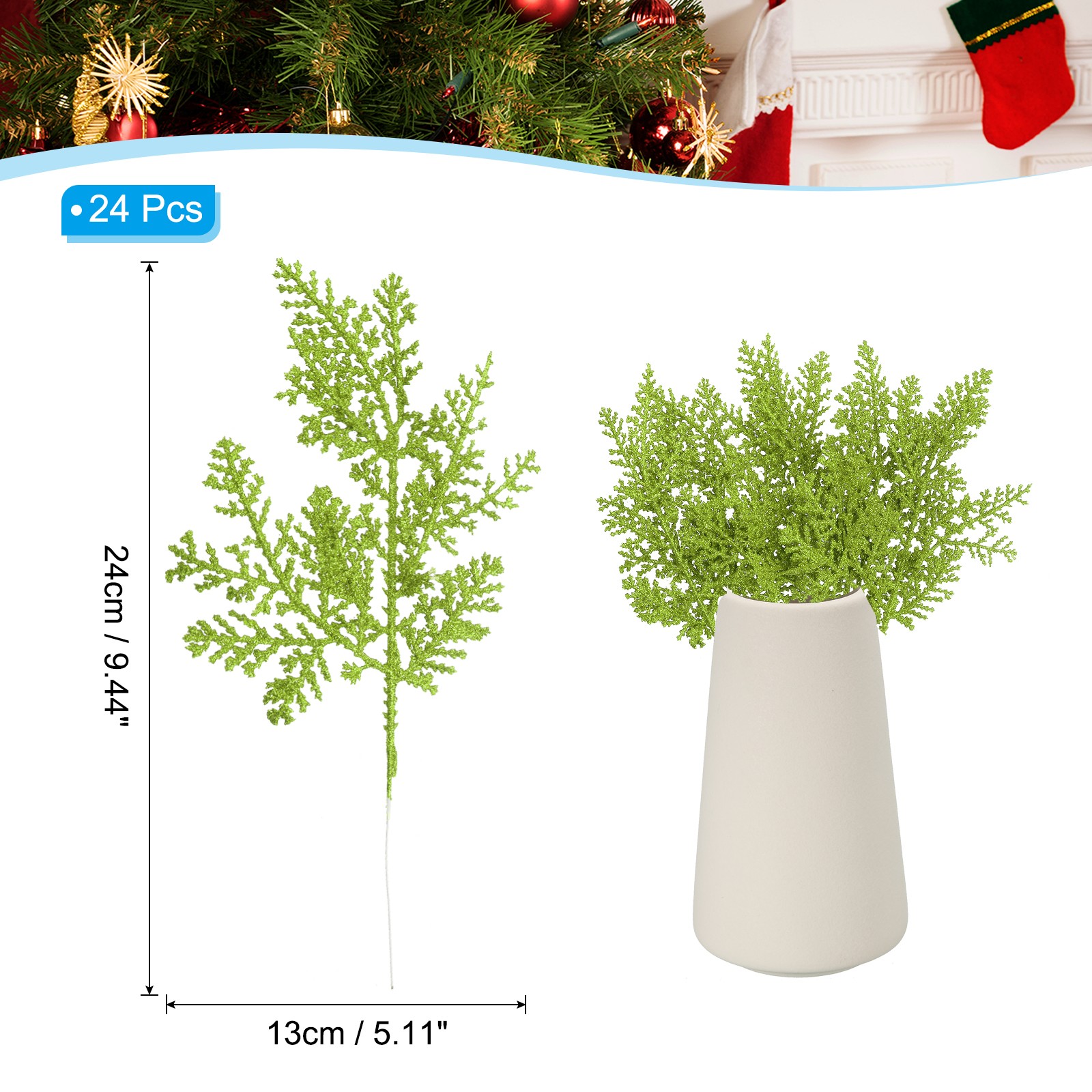24 Pcs Glitter Artificial Pine Needles, Glitter Pine Stems Light Green