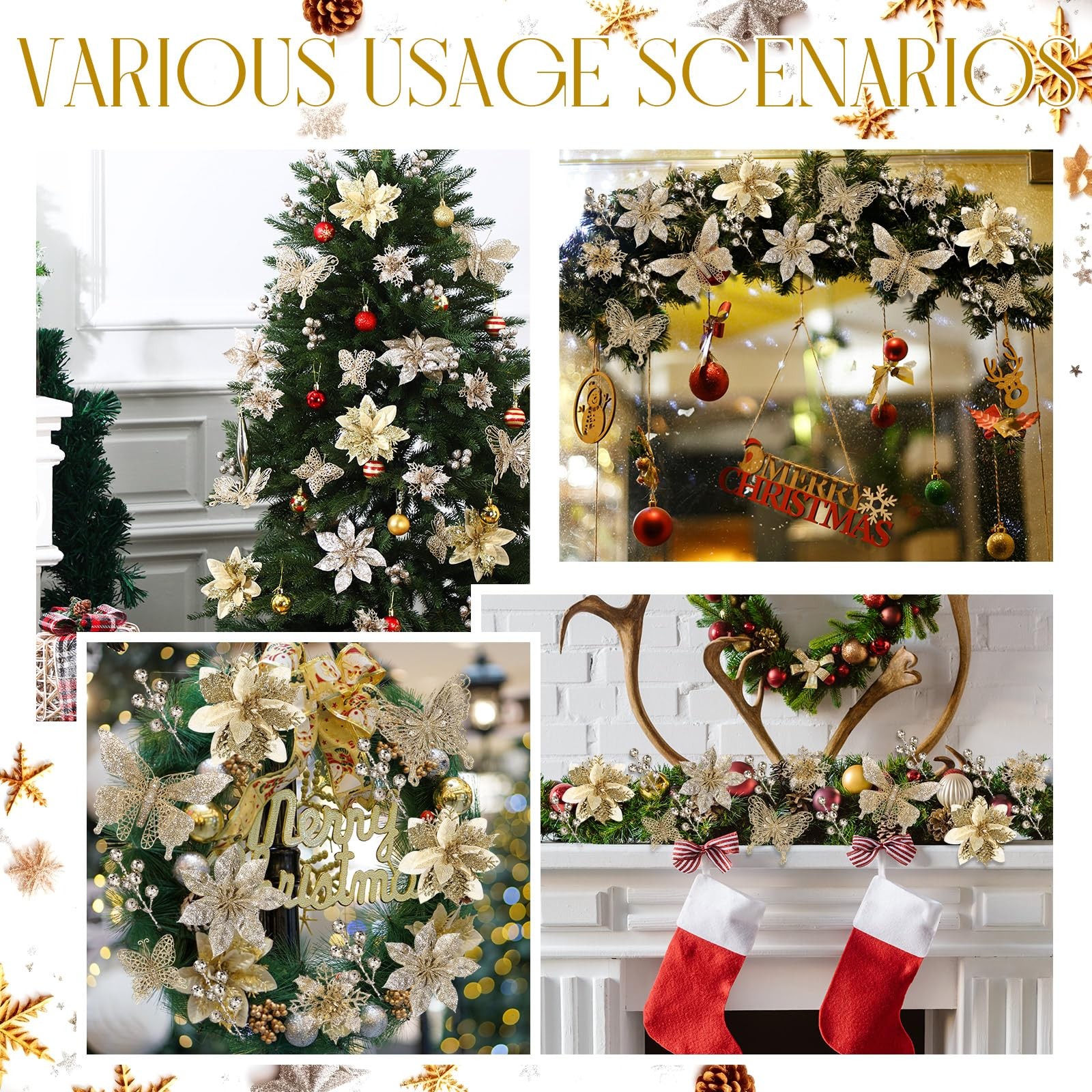 Thiccywoov 122 Pcs Christmas Glitter Poinsettia Artificial Flowers Berry Pick…