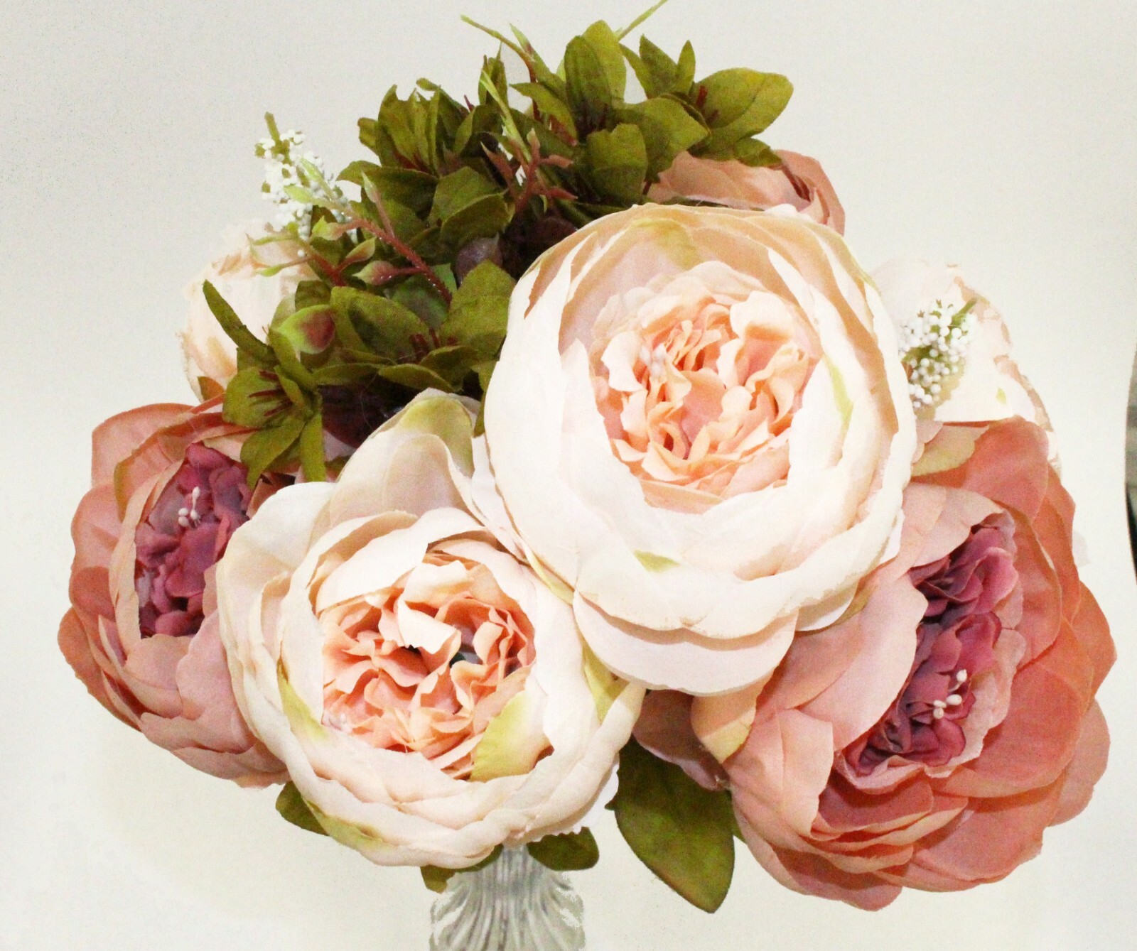 Cream Blush Color 8 Head Silk Rose Peony Open Bush Artificial Bouquet Wedding
