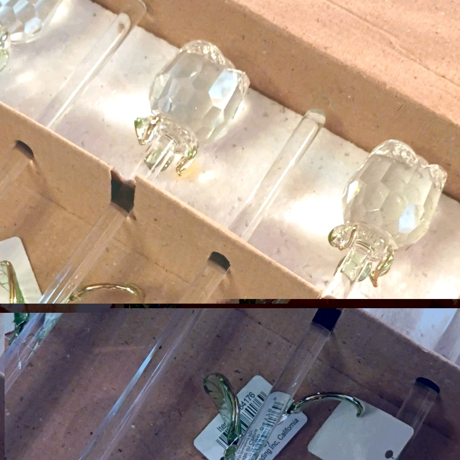 8 pc Hand blown Glass Roses with delicate green leaves on long stem.