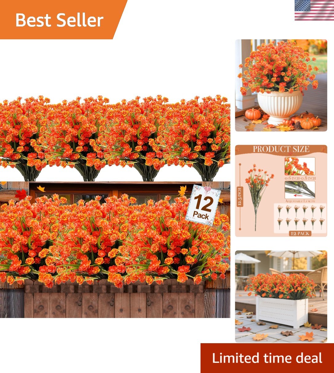 12 Bundles of Realistic UV Resistant Artificial Fall Flowers for Outdoor Decor