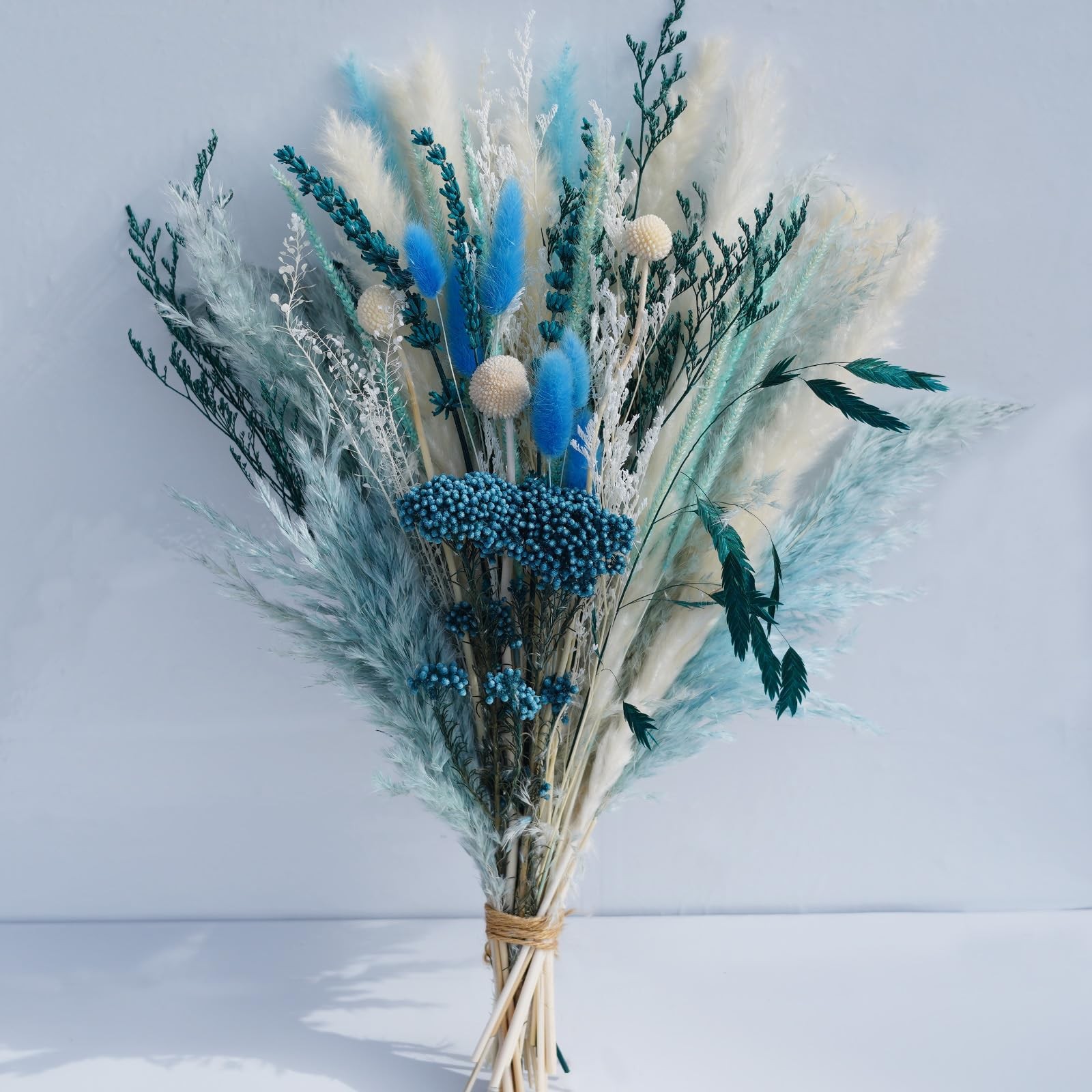 Natural Dried Pampas Grass Bouquet, 17″ Dusty Blue & Multi-Shade Blue White P…