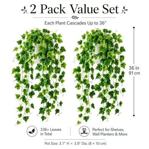 36in Fake Pothos Hanging Plants 2 Pack White Pots Artificial Ivy 168 Leaves
