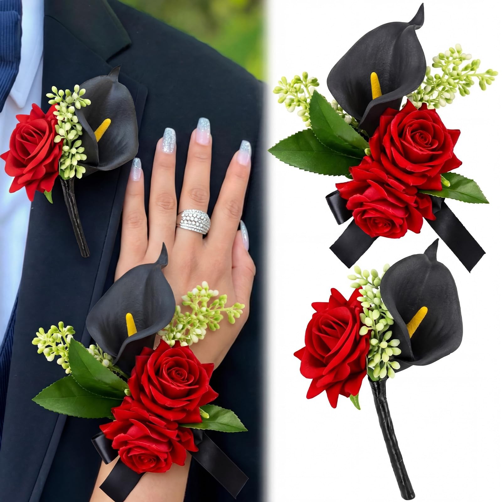 2 Pcs Red Rose Wrist Corsage and Boutonniere Set for Homecoming with Black Ca…