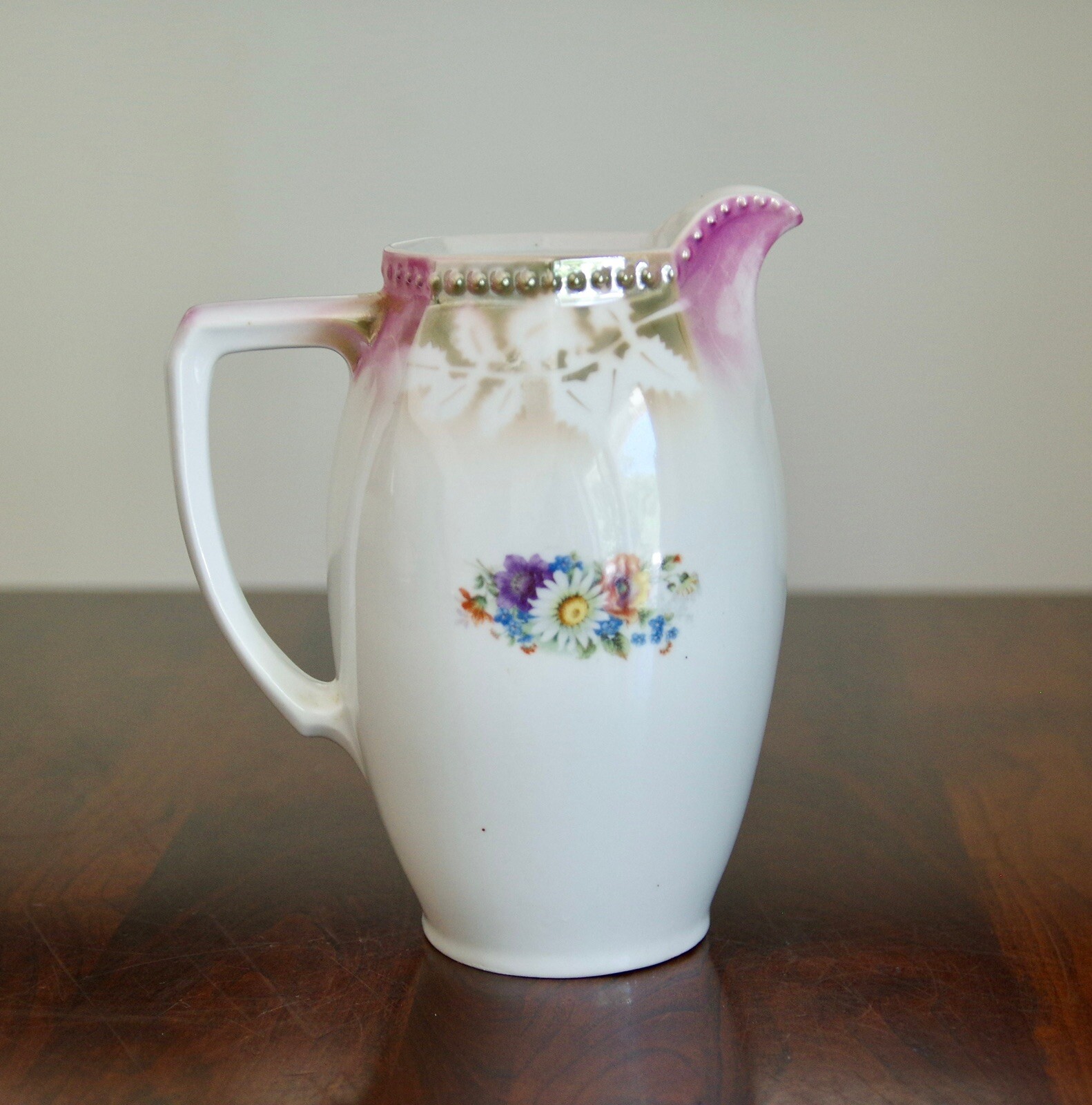Silk Daisy and Lilac Arrangement in 1800’s Germany Lusterware Coffee Pitcher
