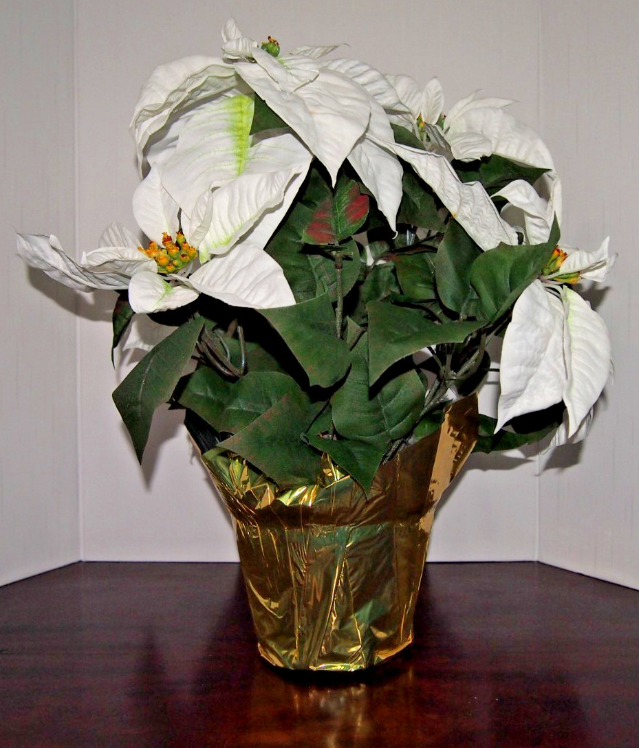 Winter/Christmas Silk Table Top White Poinsettia Plant-Approximately 18″ X 16″
