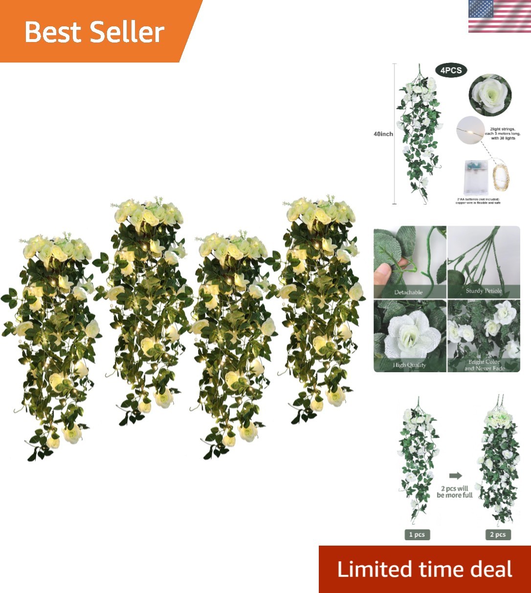 Vibrant White Artificial Rose Vines – 4pcs with 30 LED Lights for Celebrations