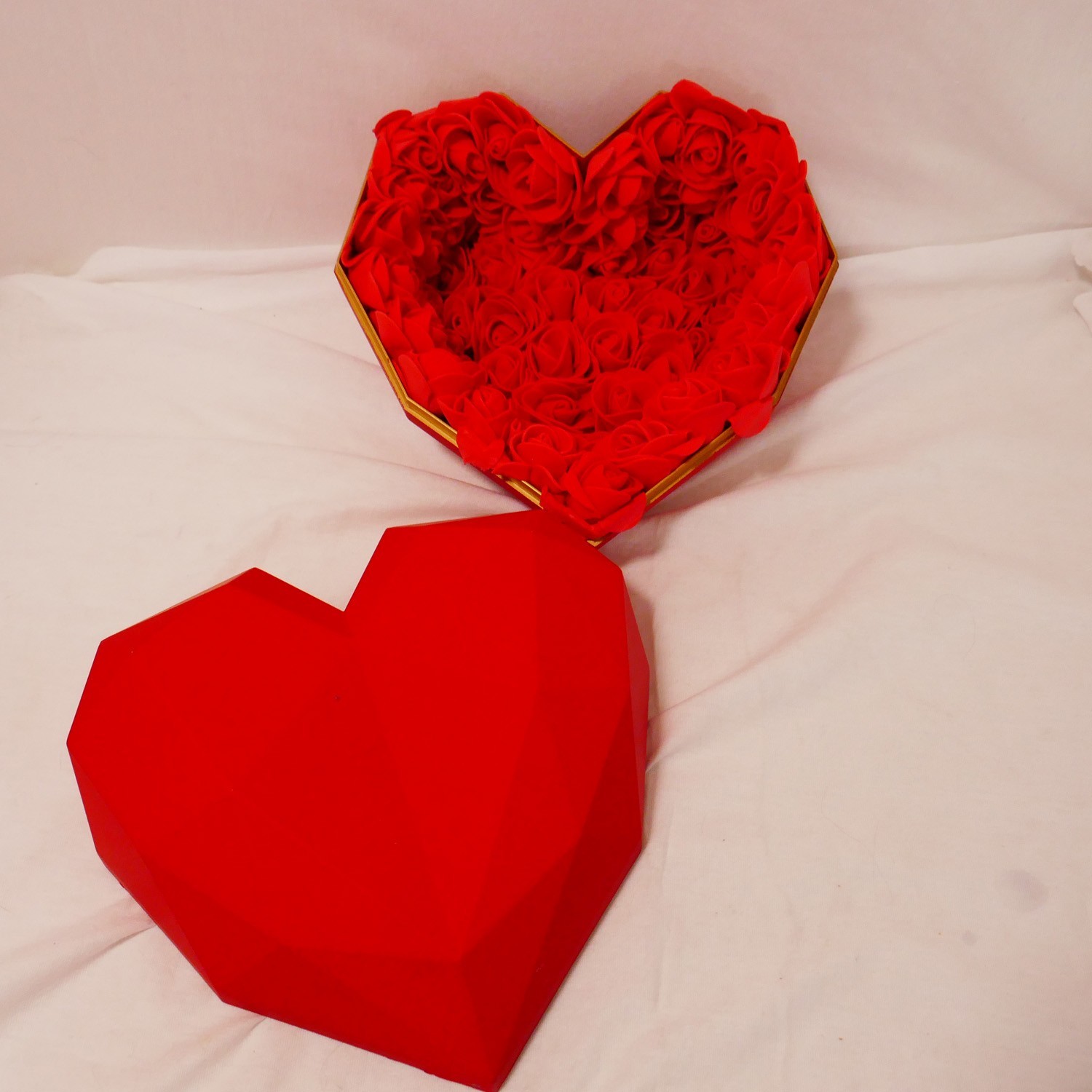 special handmade geometric heart box and plush rose flower for valentine’s day