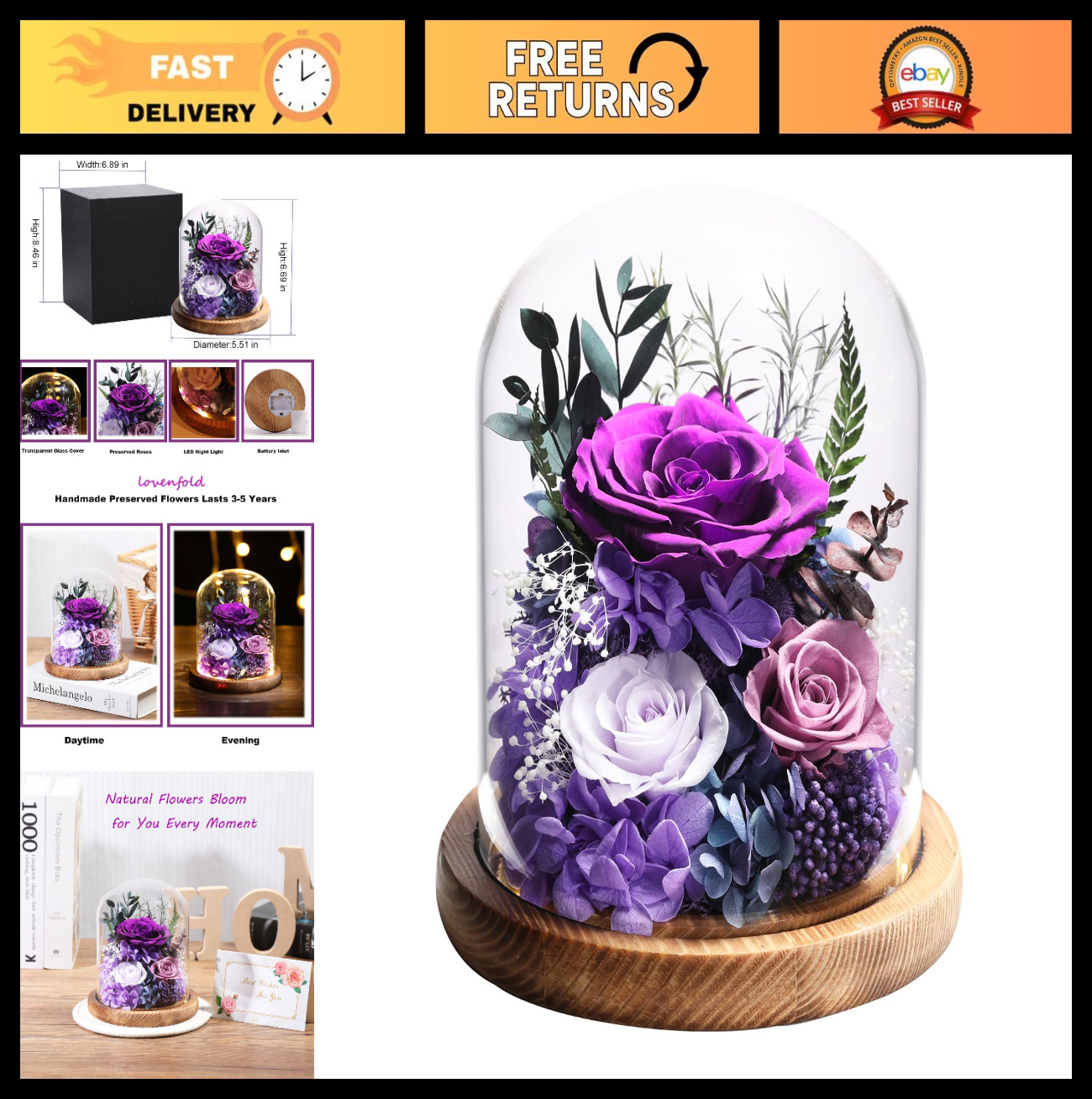 Preserved Purple Rose in Glass Dome – Long-Lasting Forever Flowers Gift for Wome