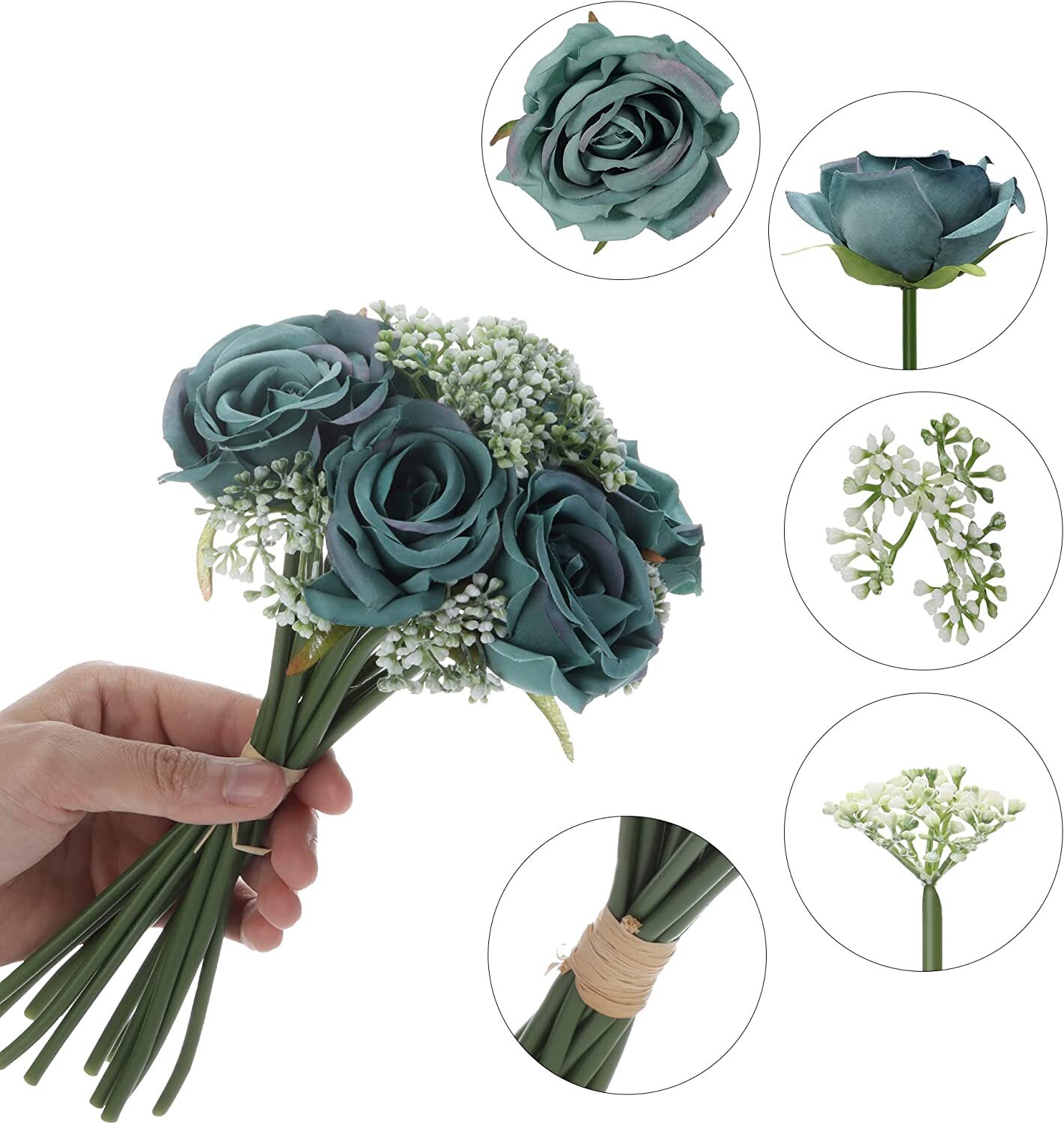 4 PCS Bouquet Dark Green Rose Fake Artificial Flowers with 24 Heads Decoration