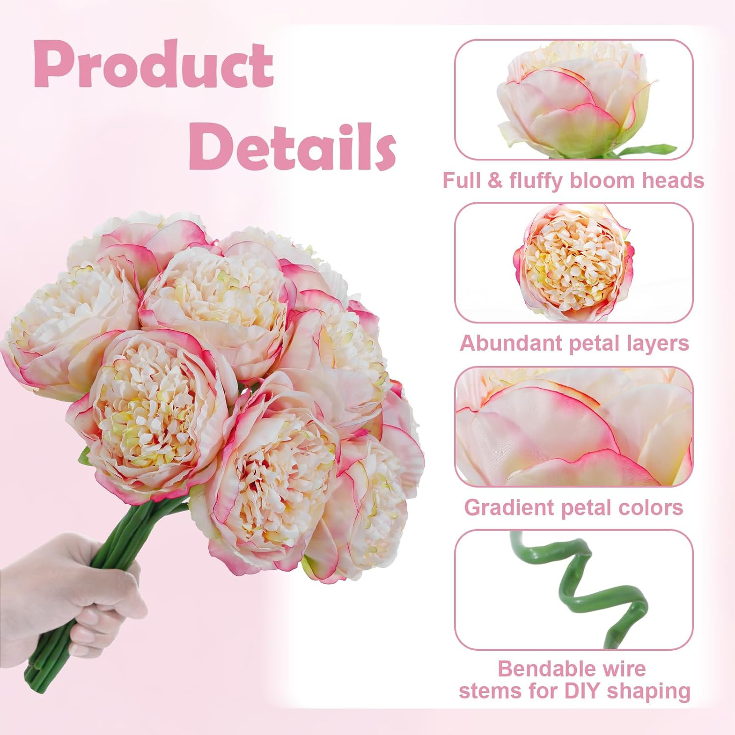 10PCS Champagne Realistic Silk Peonies Bouquet, Waterproof & UV Resistant Faux P