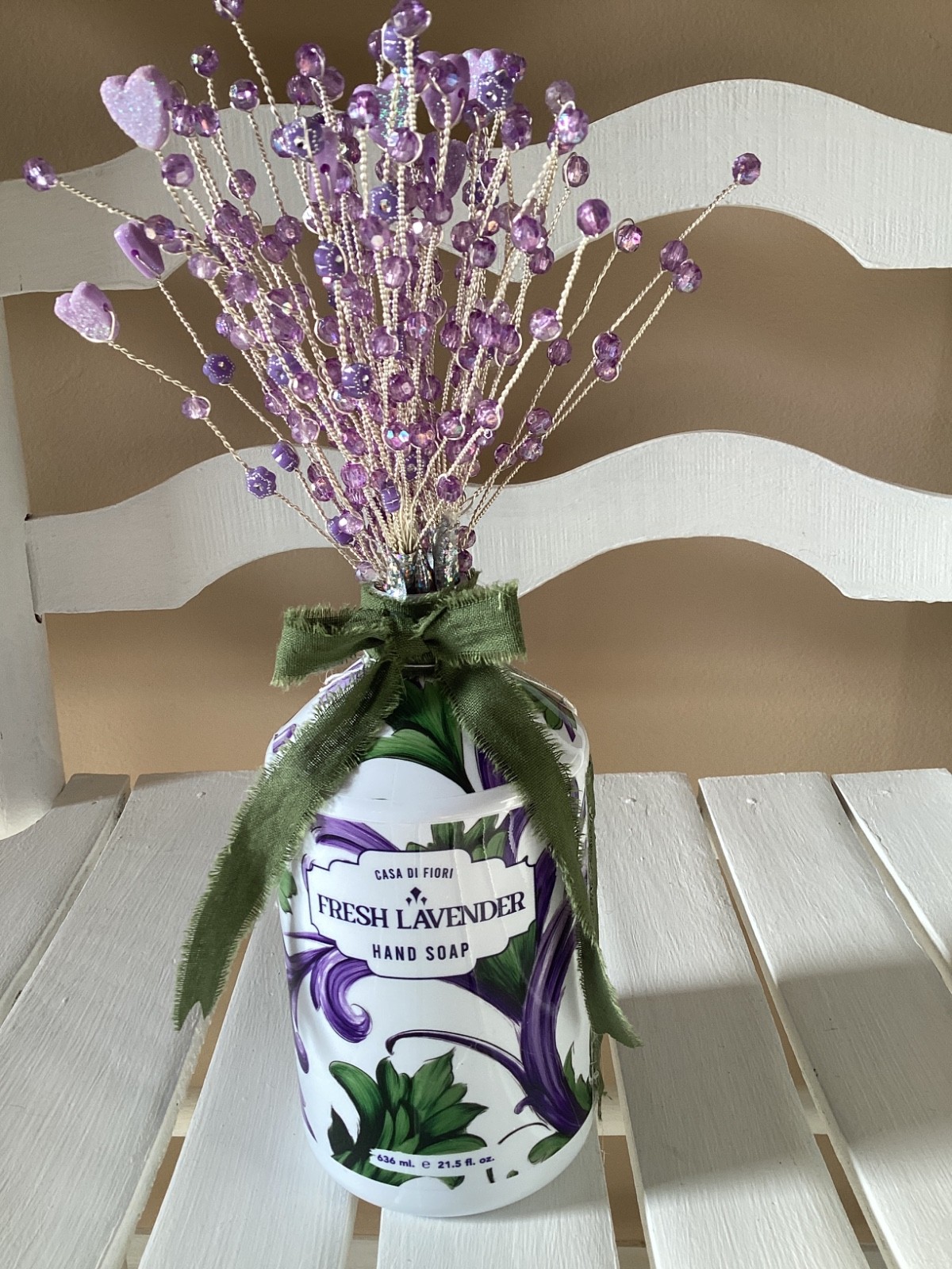 HANDMADE PURPLE HEART BEADS SILVER WIRE WRAP ARRANGEMENT BOUQUET W VASE GREEN