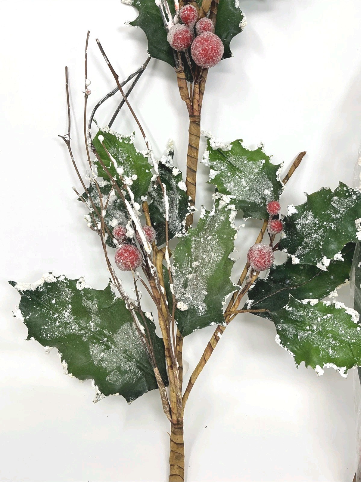 Holly Leaf Floral Pick w Flocked Edges Red Sugar Berries 36” 2 Picks Artificial