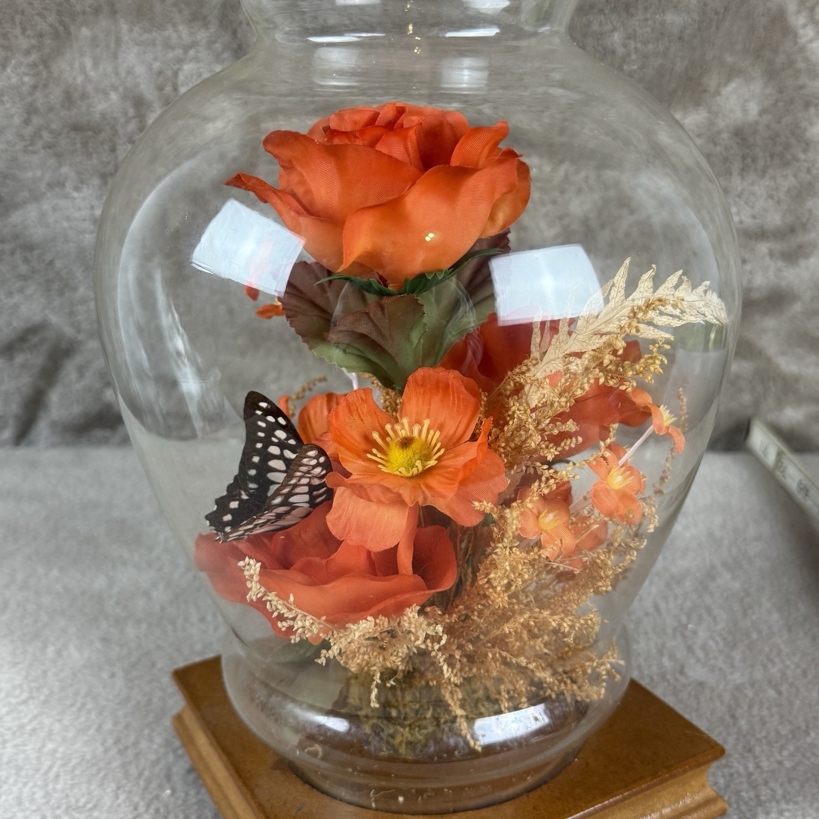 Vintage Butterfly w/Silk Flowers Under Glass Dome Cloche~Silk Flowers Wood Base