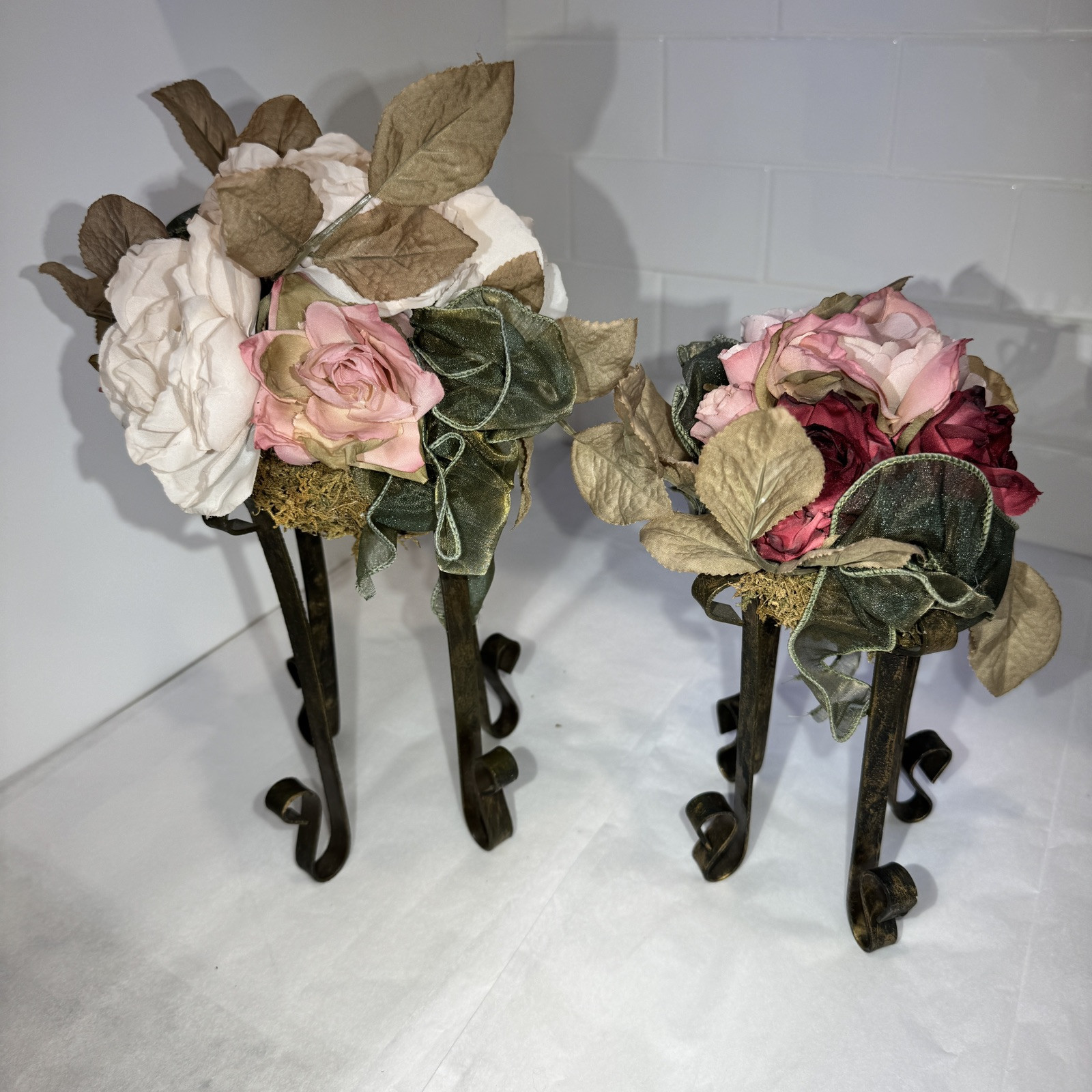 Artificial Pink/Dusty Rose/moss Flower FAUX Bouquet w Iron Legs Green Ribbon