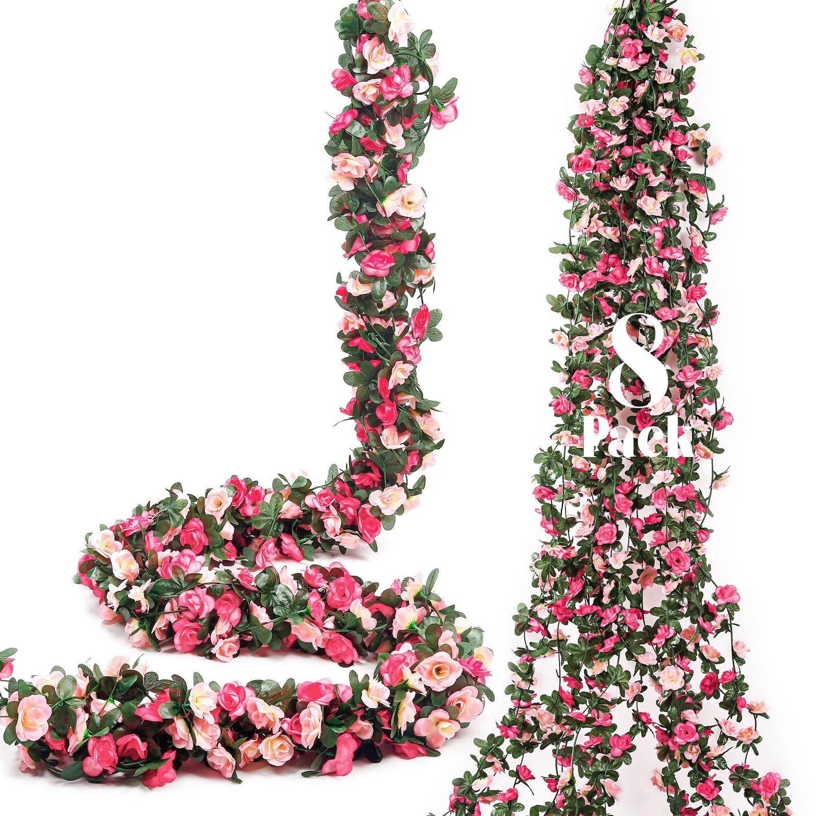 8Pcs 66FT Pink Flower Garland, Artificial Rose Floral Vines Fake Hanging Spri…