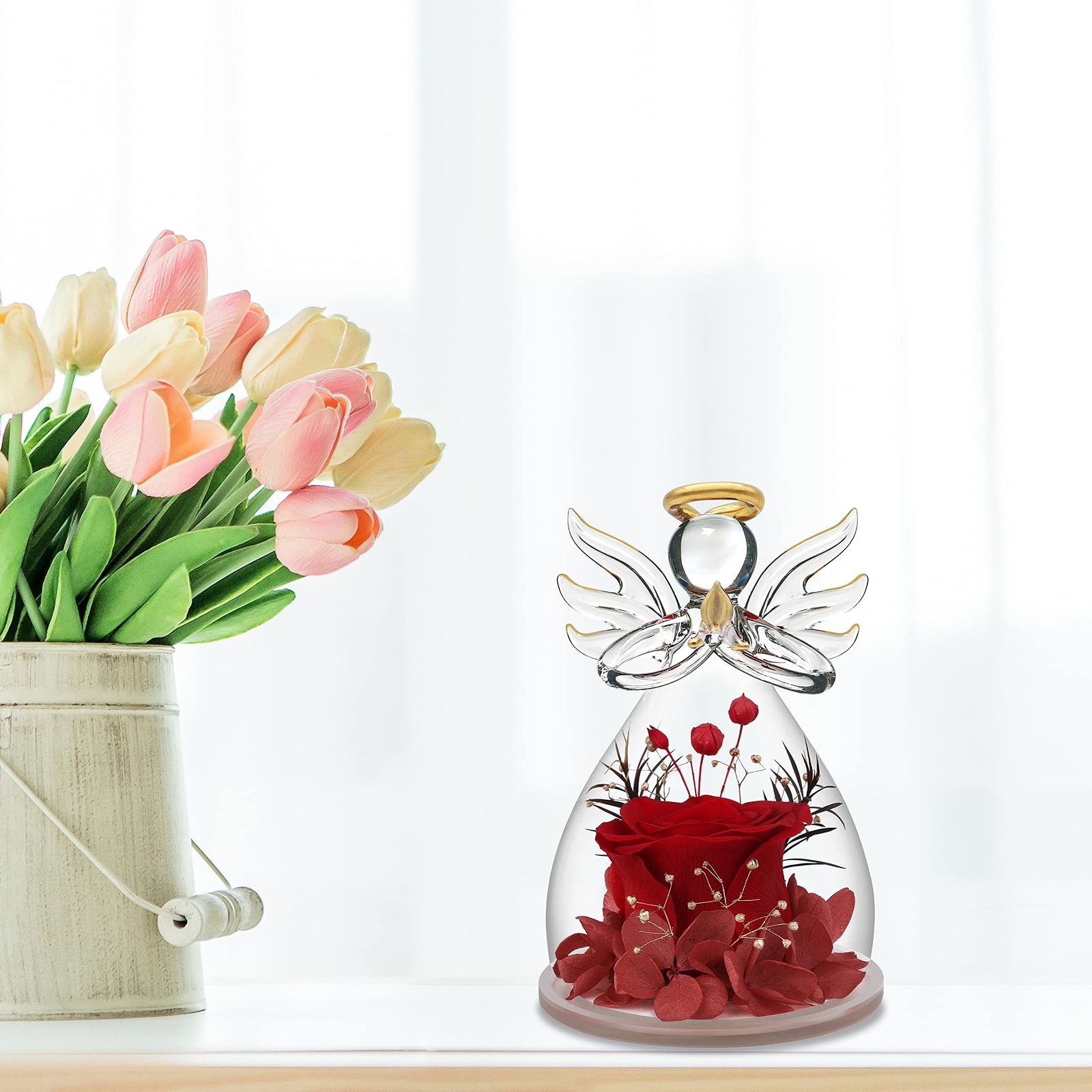 Preserved Flower Rose Gifts in Glass Angel Figurines,Birthday Gifts for Women…