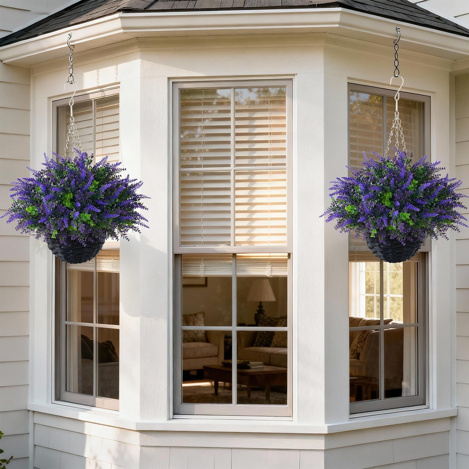 2 Sets Artificial Lavender & Eucalyptus Hanging Baskets – UV-Resistant Outdoor D