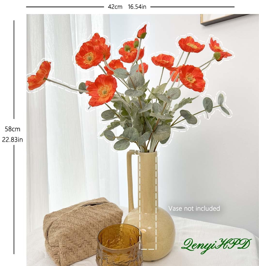 Artificial Poppy Flowers and Eucalyptus Stems for vase, Fake Blush Pink Silk …
