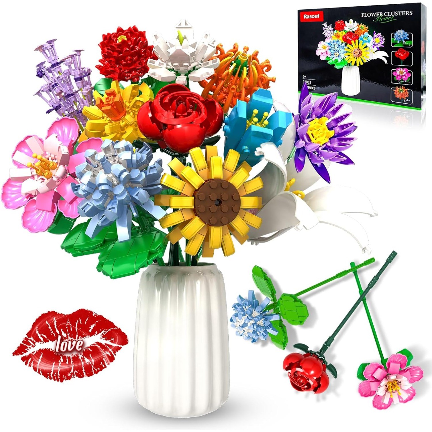 12 Kinds of Flowers Bouquet Building Set,Gifts Ideal for 6+ Women Girls, No Vase