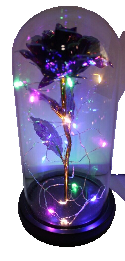 Blue Eternal Rose w LED Lights in Glass Dome Mothers Valentines Anniversary Gift