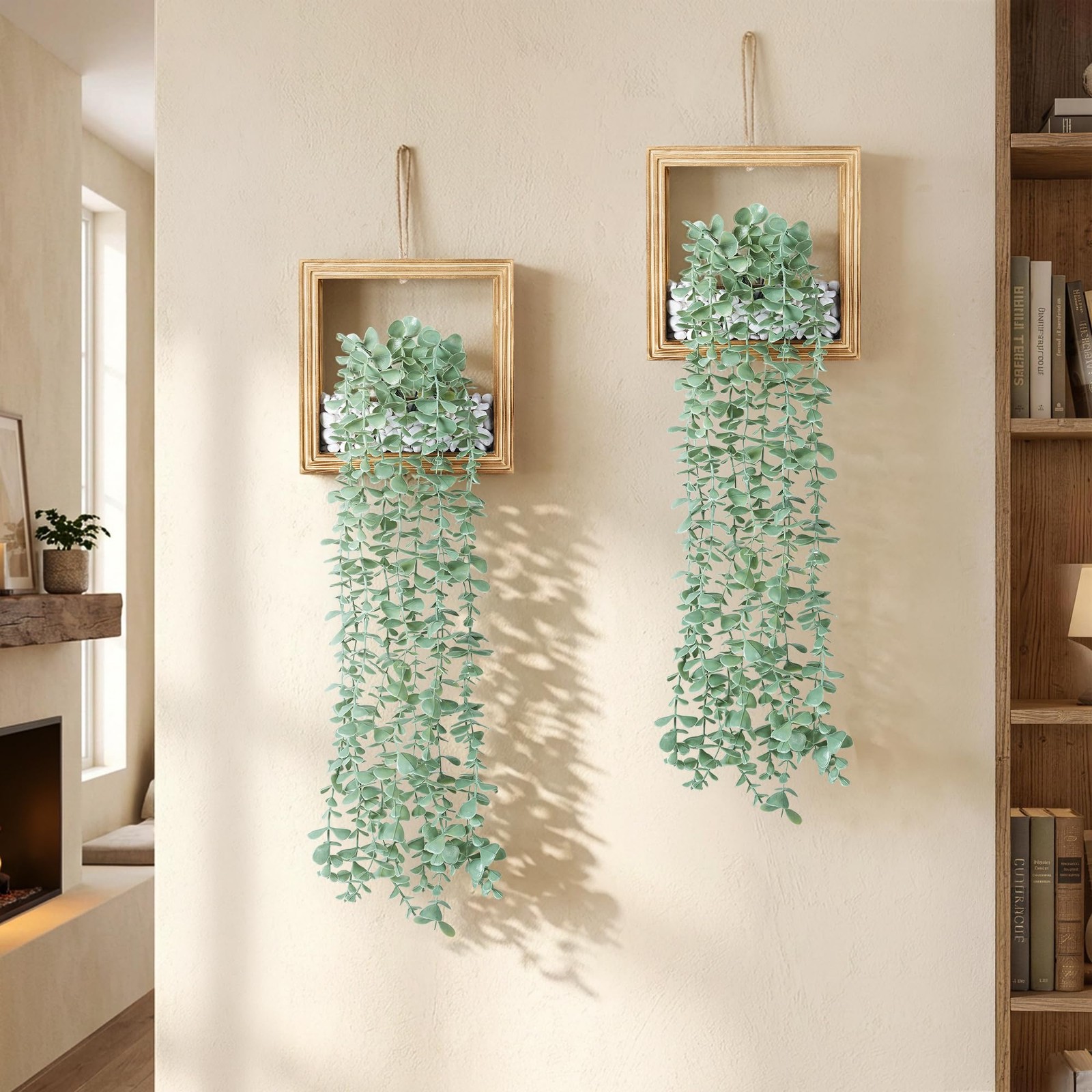 2 Pack Fake Plants Hanging, Artificial Eucalyptus Vines in Square Wooden Fram…