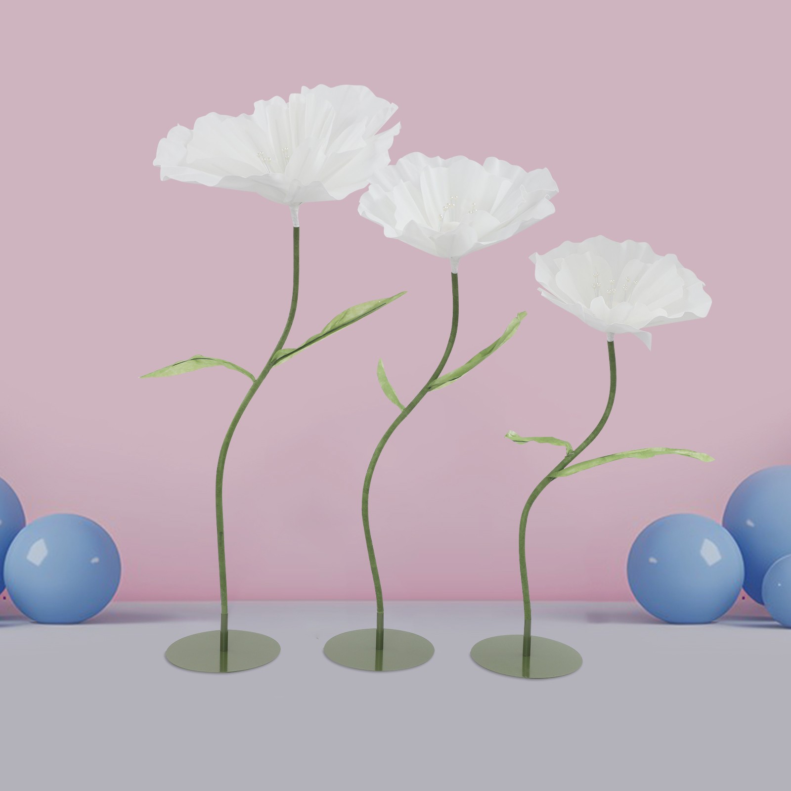 3pcs Giant Artificial Flower Poppy Free Standing Adjustable Wedding Decor White