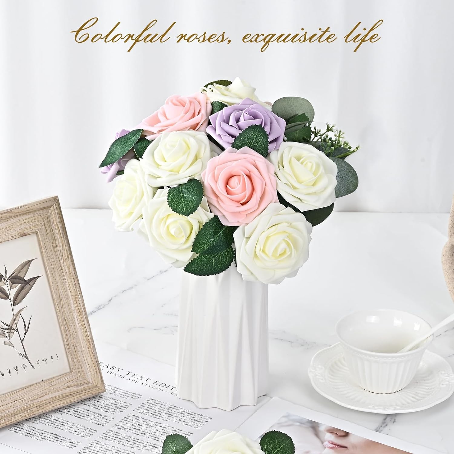16Pcs Artificial Flowers Fake Roses with Stems, Ivory White Boxed Foam Roses for