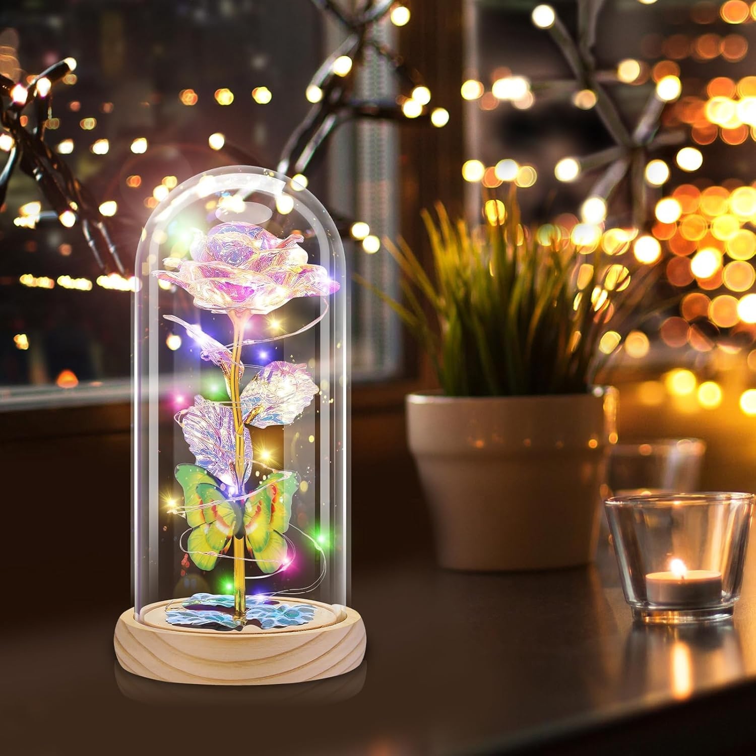 Preserved Rose Under Glass Dome with Butterfly and LED Lights – Home Decor