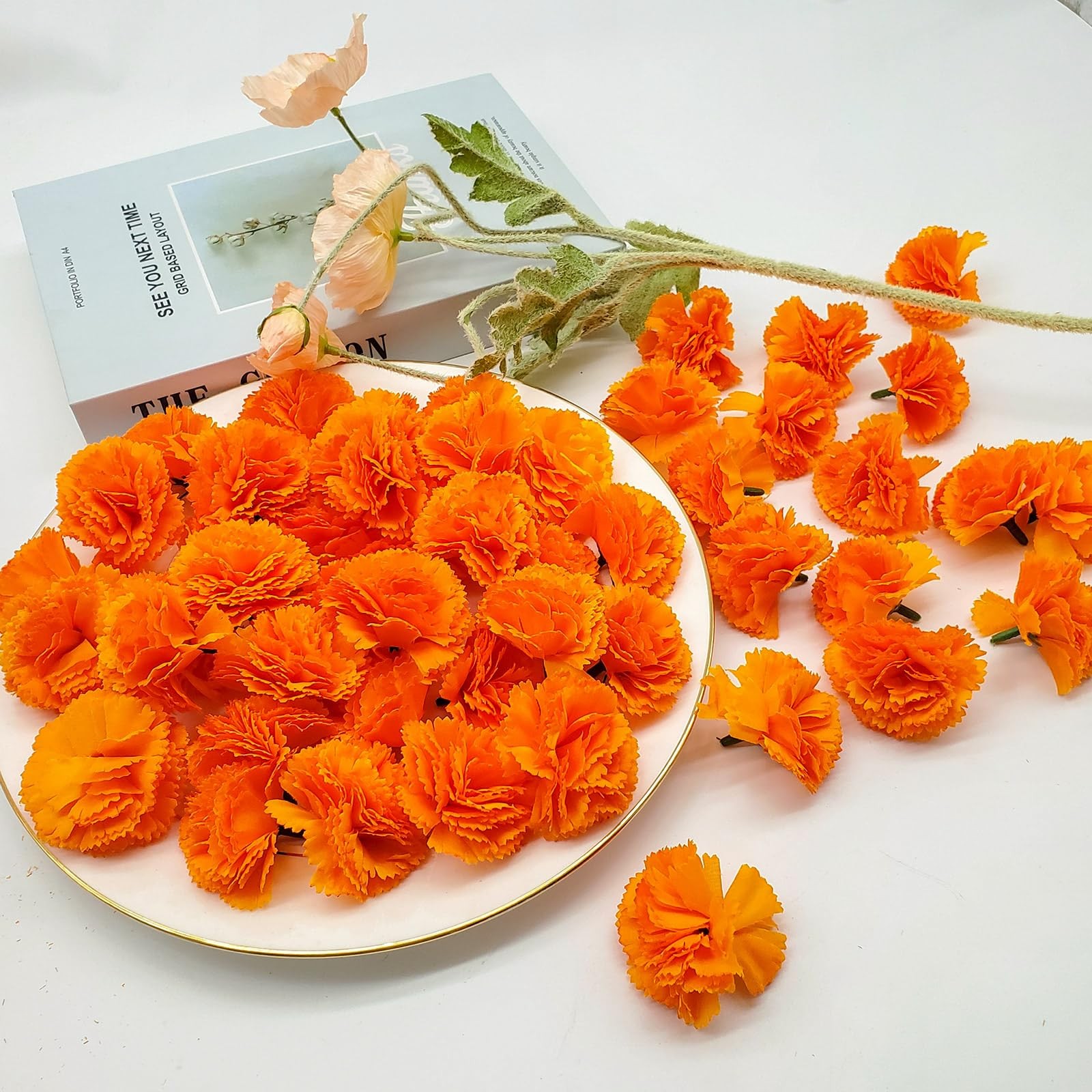 Cabezas de flores de caléndula de seda artificiales para Diwali, festival indio