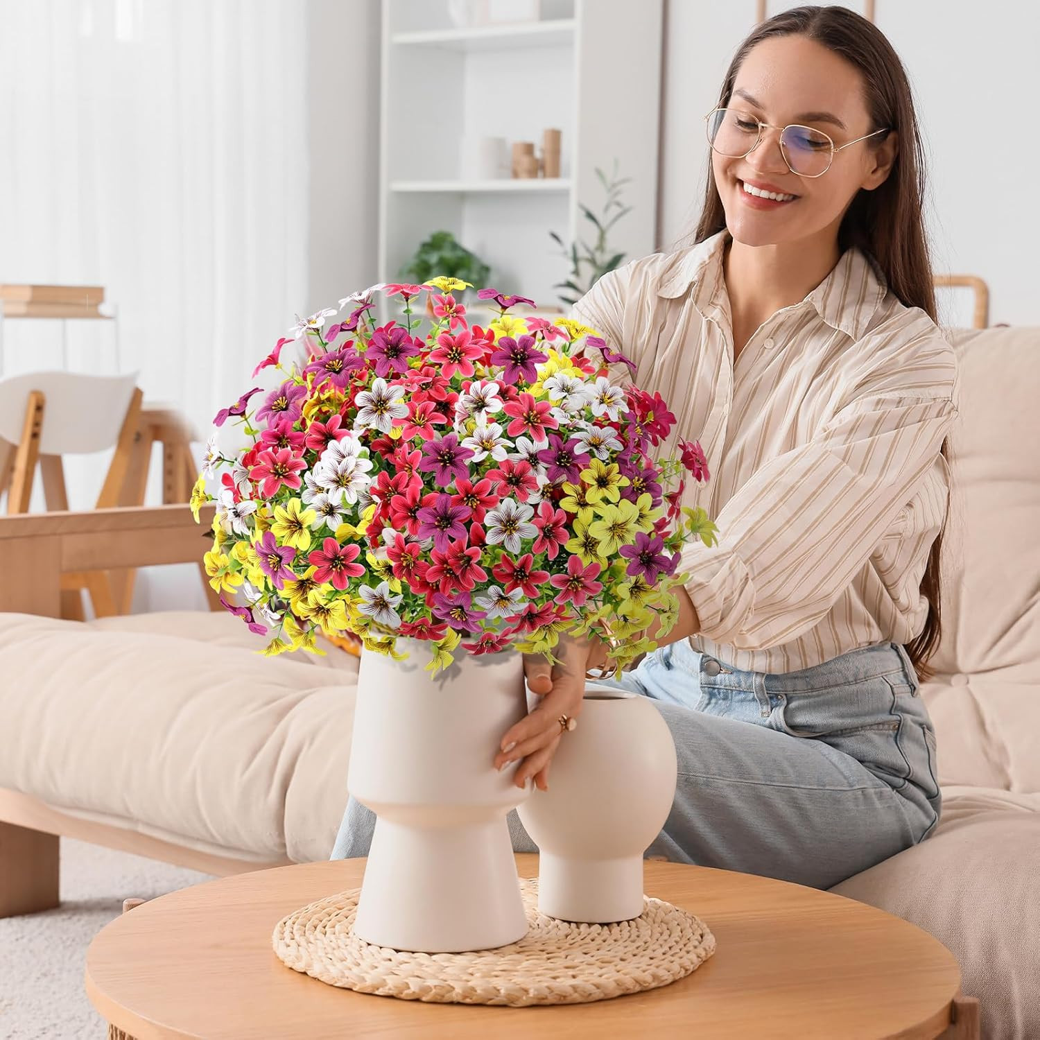 16 Bundles Artificial Flowers for Outdoors, UV Resistant Fake Flowers for Spring