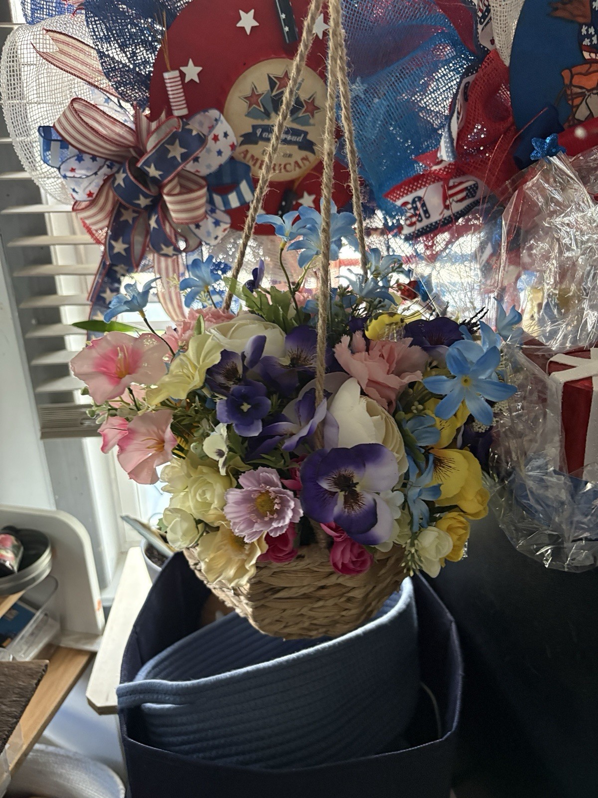 Artificial Multicolor Floral Flower Basket Wall Decor Arrangement