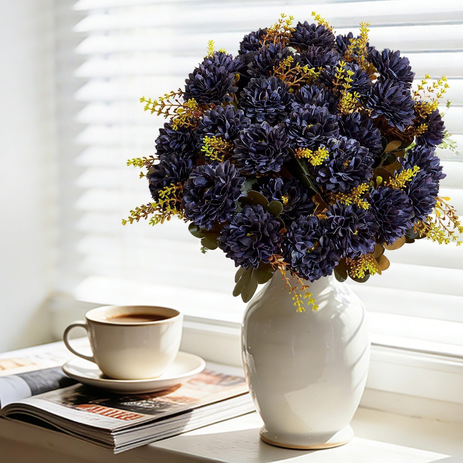 2 PCS 18 Heads Navy Blue Artificial Chrysanthemum Silk Fake Flowers Bouquet