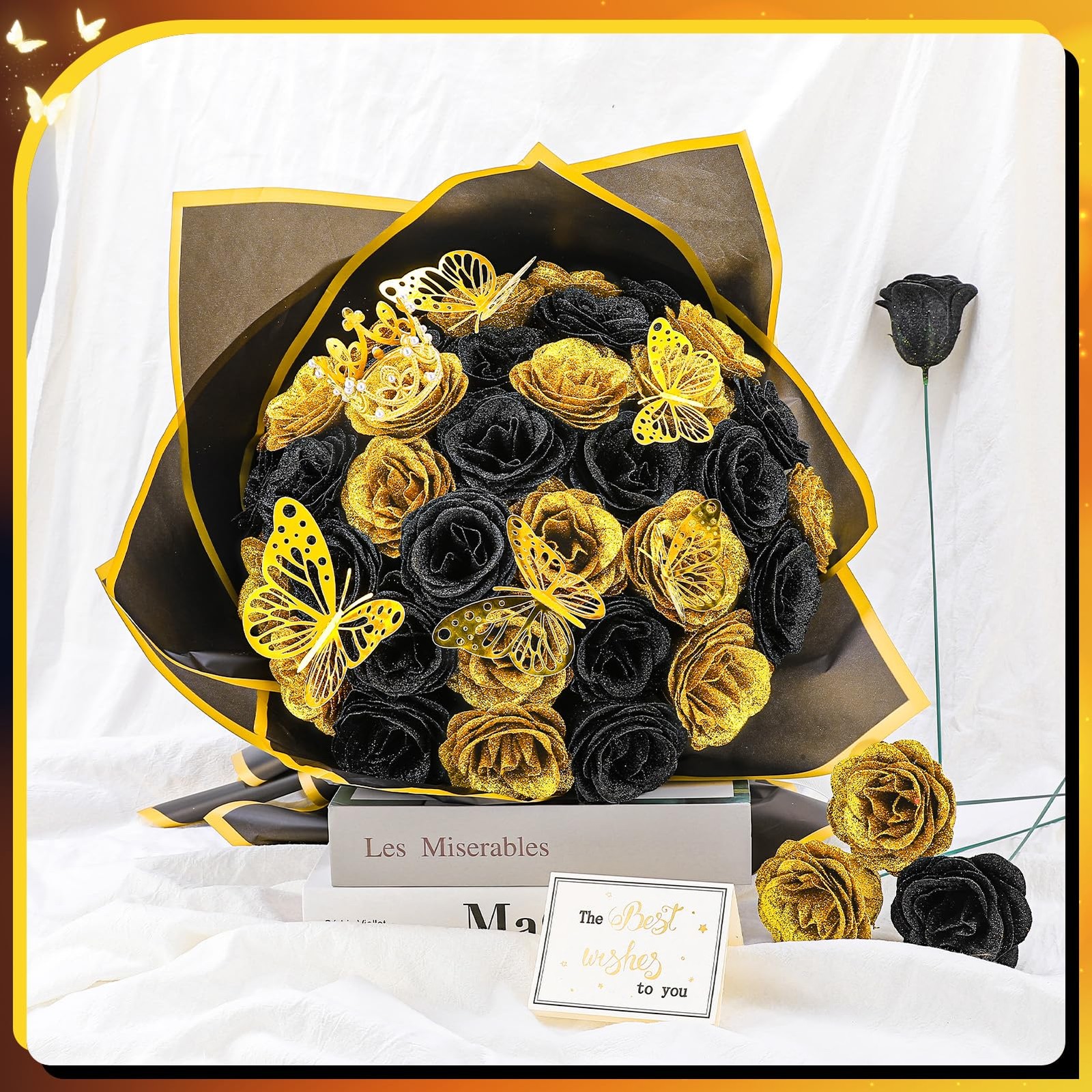 36 PCS Glitter Roses Bouquet Kit, Black, Gold Sparkling Flower Arrangement wi…