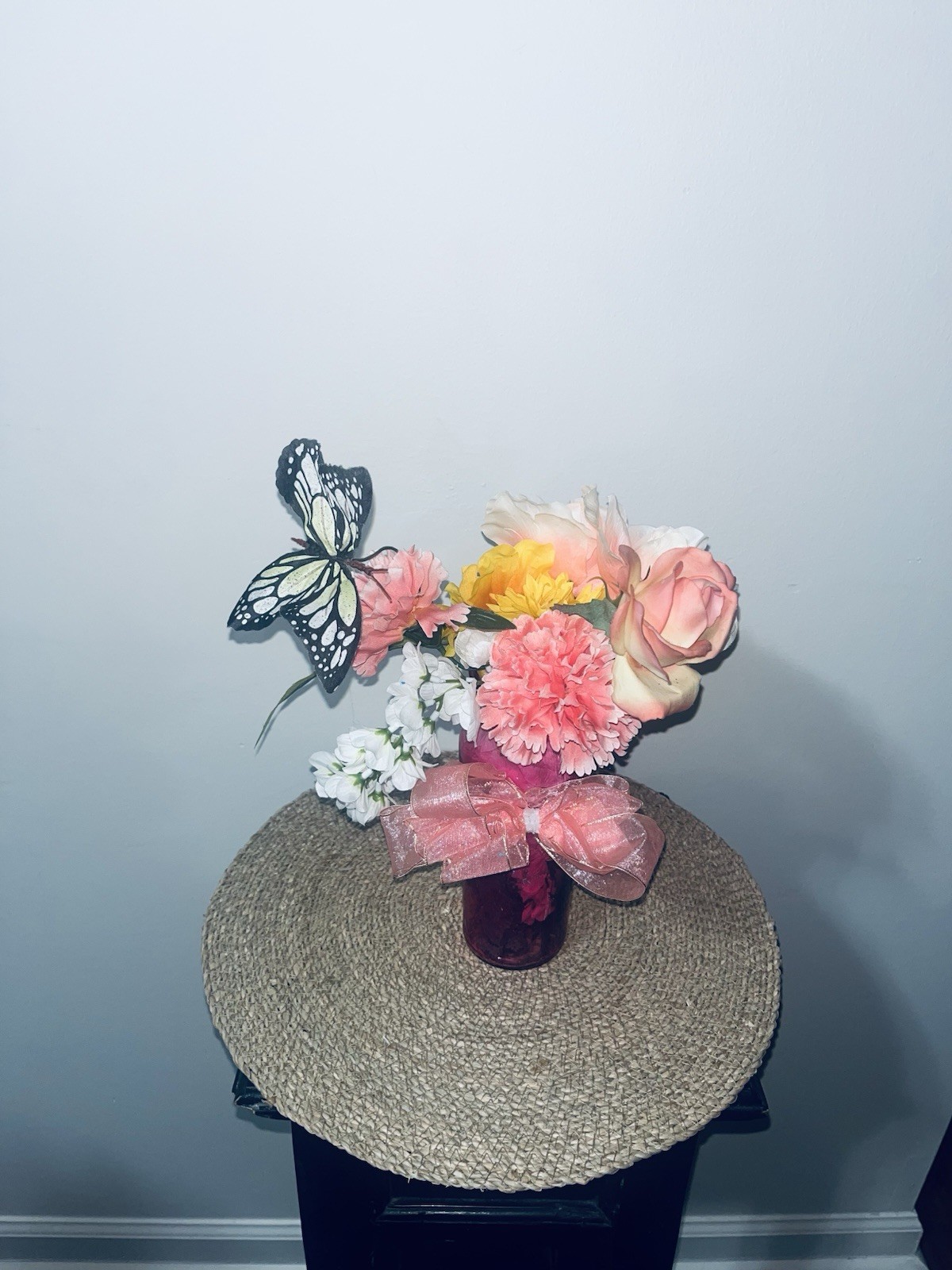 Pink Artificial Flower Arrangement w/ Rose, Carnation, Butterfly, Ribbon