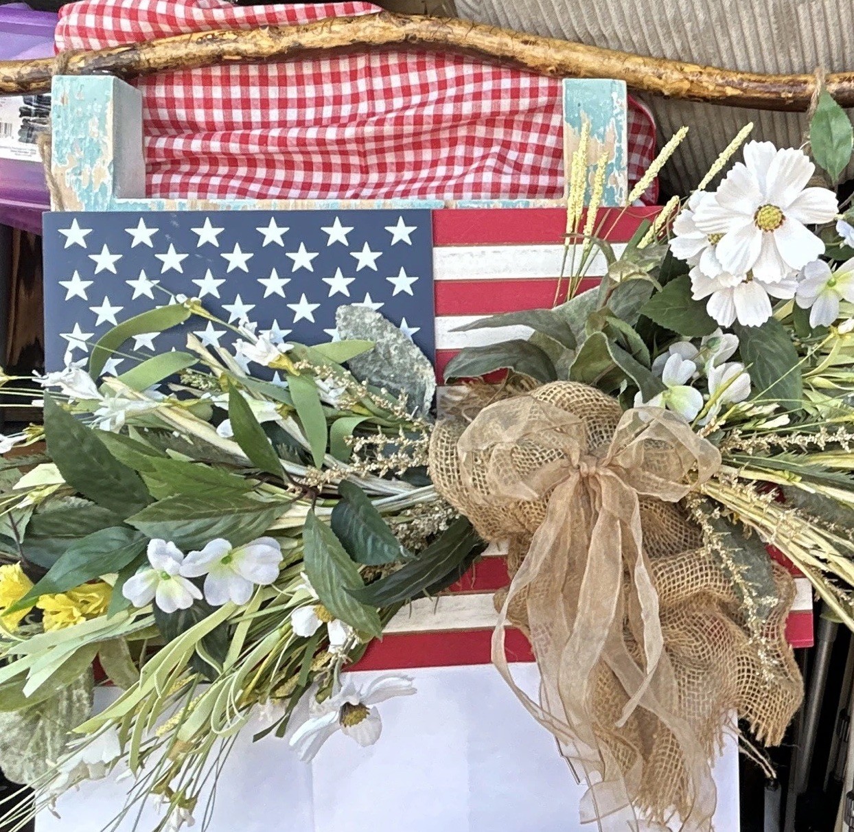 Handmade Patriotic floral Wall Hanging Decor, burlap & wood, artificial flowers.
