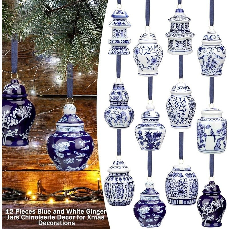 12pcs Blue White Porcelain Ginger Jars Christmas Ornaments Home Decor Collection