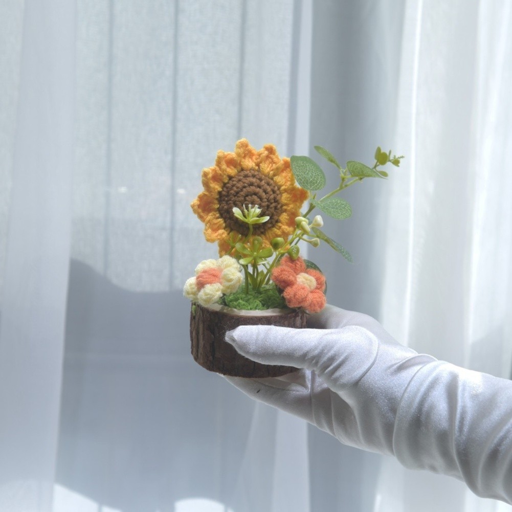 Sunflower Potbouquet Plastic Silk Flower Hand Knitted Home Decor 12x7cm