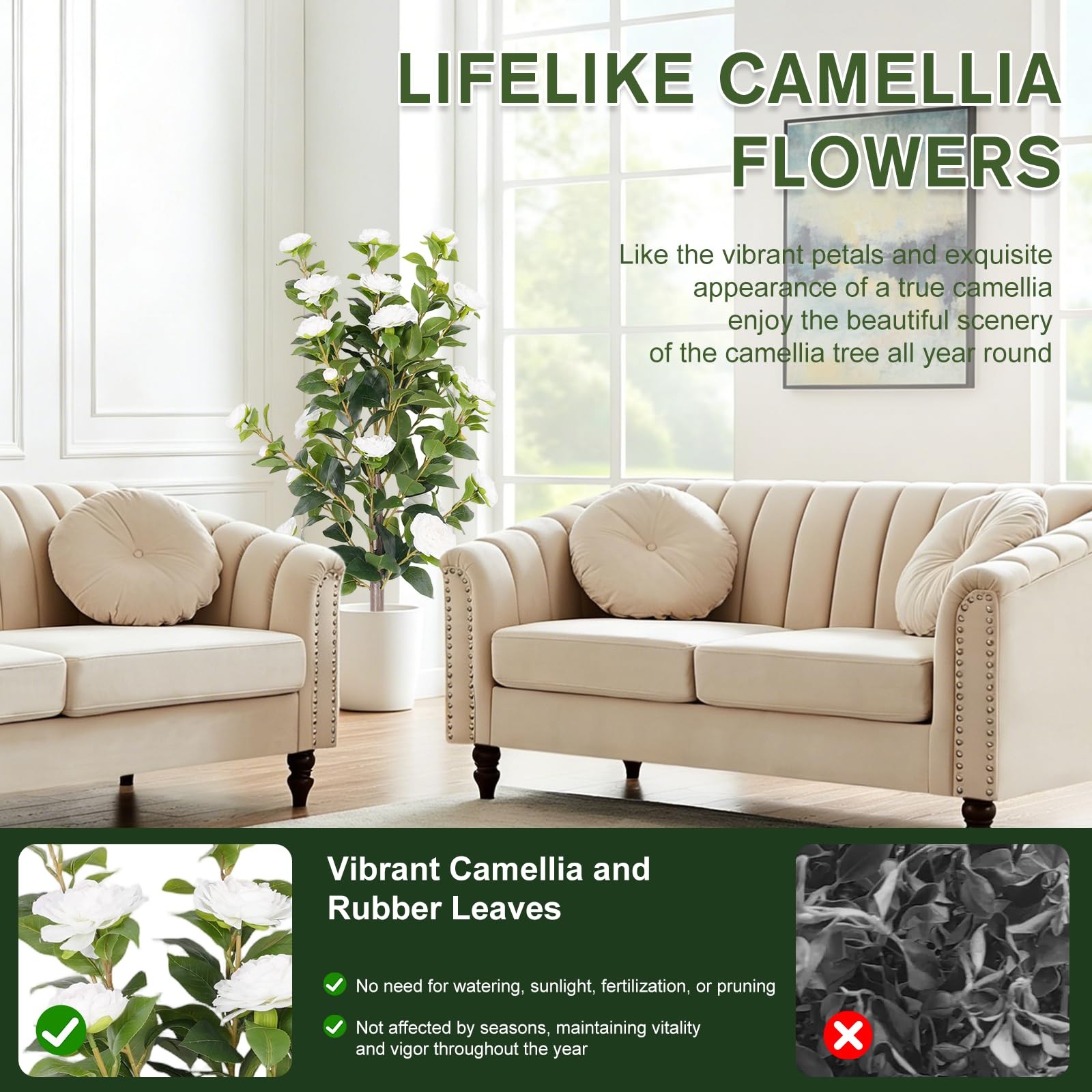2-Pack 3FT White Artificial Camellia Bushes, UV Resistant Lifelike Faux Flowe…